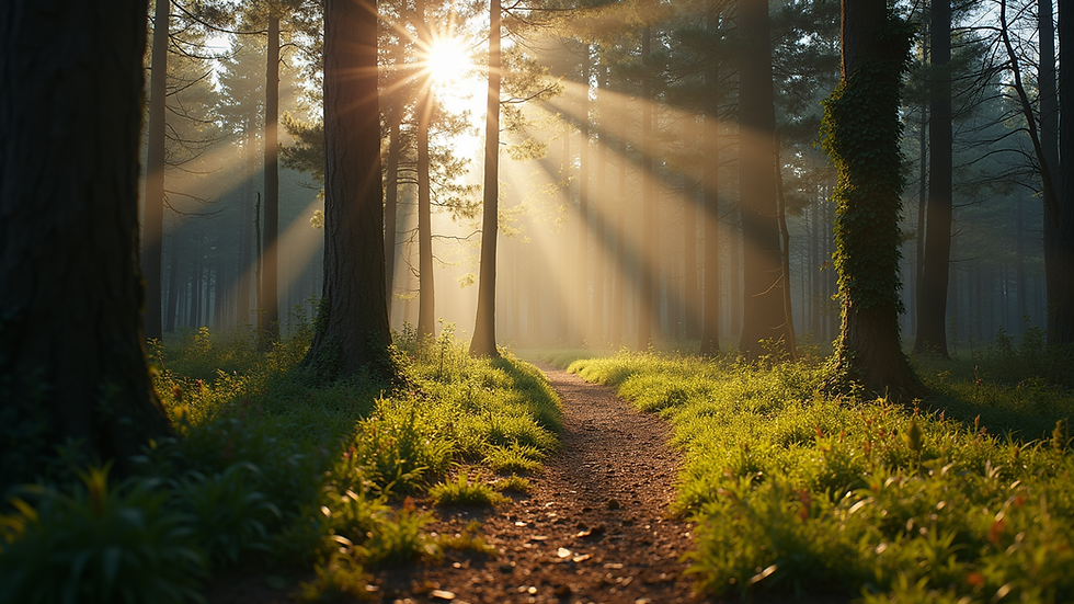 Wide angle view of a tranquil forest under sunlight