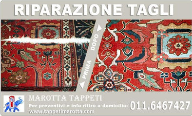 tagli su un tappeto con prima e dopo il restauro