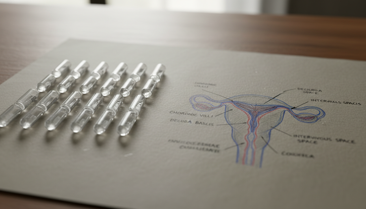 Overhead view of genetic test tubes arranged beside a placental diagram