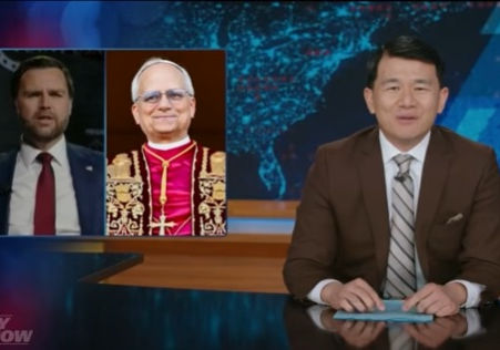 screenshot of comedy new show with JD Vance and Pope Leo in inset