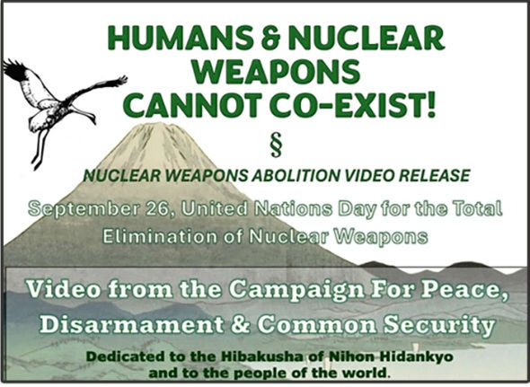 flyer for humans and nuclear weapons cannot co-exist with peace crane and Mt Fugi