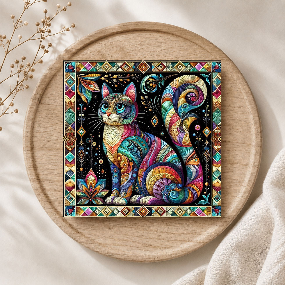 Thumbnail: 20 Vibrant Cat Magic Quilt-Inspired 6x6 Art Note Cards w/ Envelopes