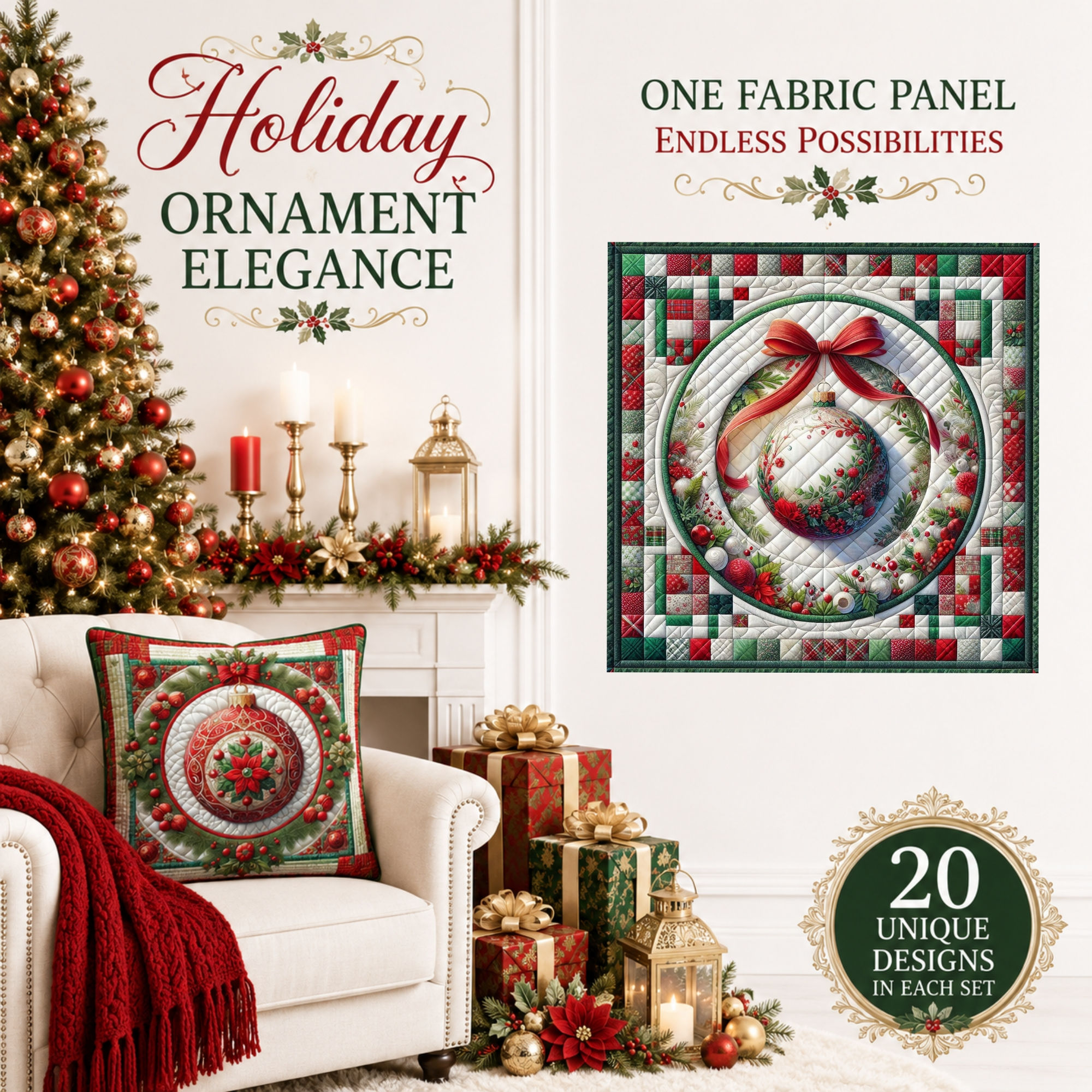 Holiday Ornament Elegance 20-Piece Fabric Panel Set