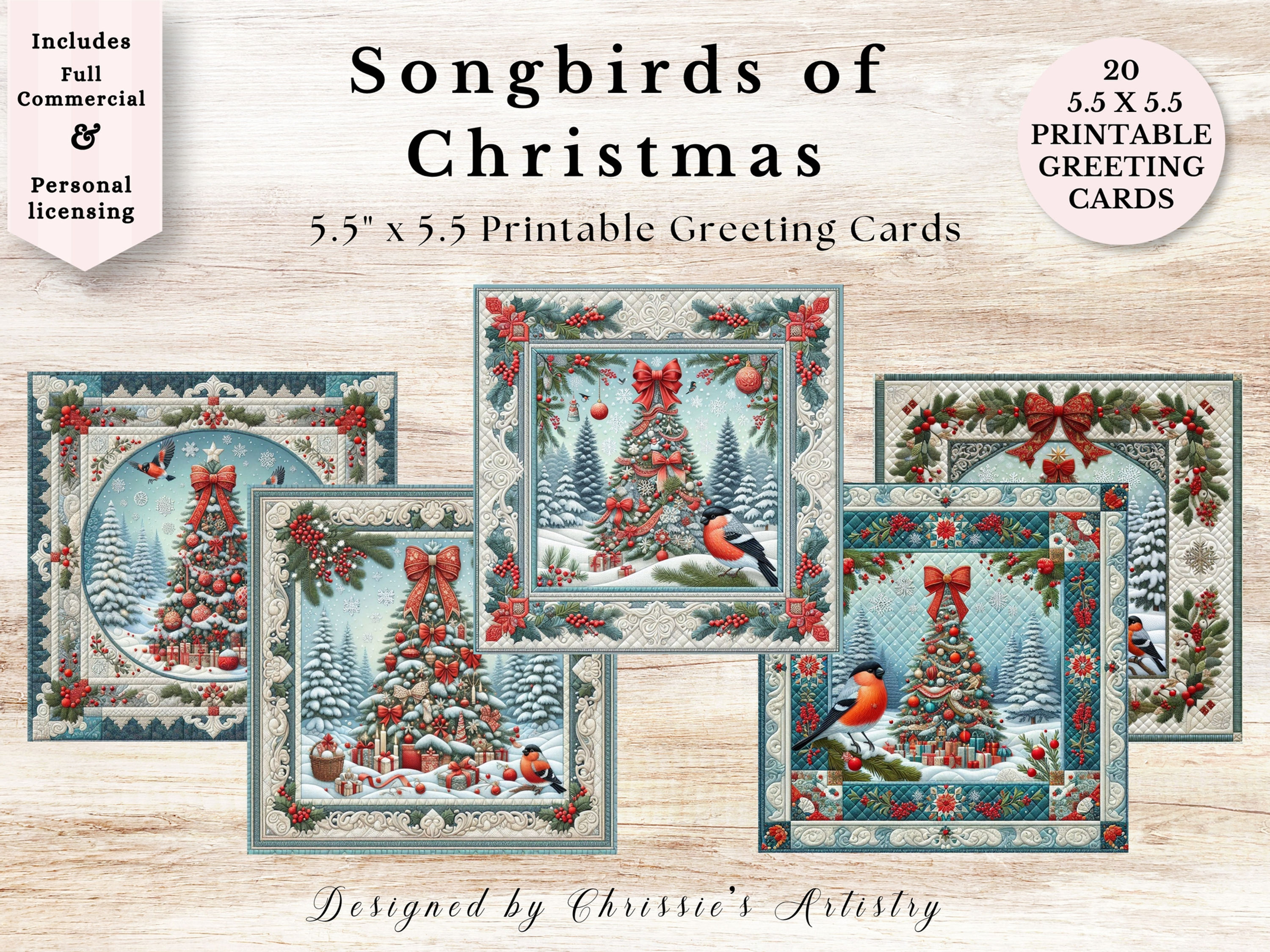 Songbirds of Christmas Printable Greeting Cards.