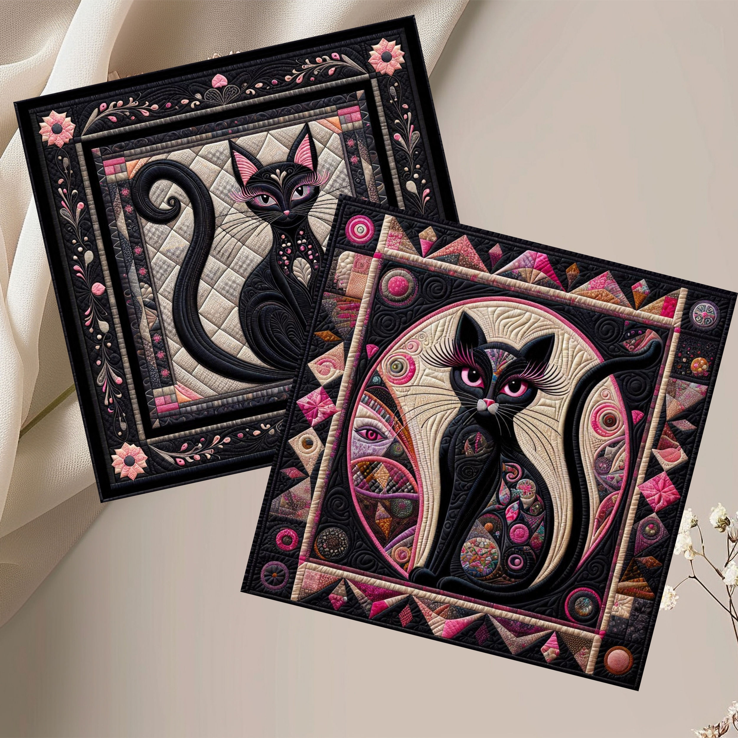 20 Mystique Feline Quilt-Inspired 6x6 Art Note Cards w/ Envelopes