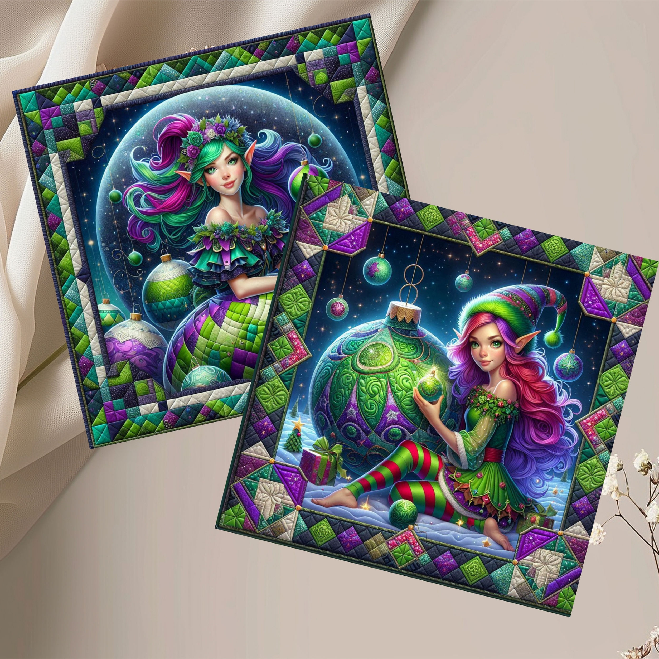 20 Enchanted Elves Holiday Magic Quilt-Inspired 6x6 Art Note Cards w/ Envelopes
