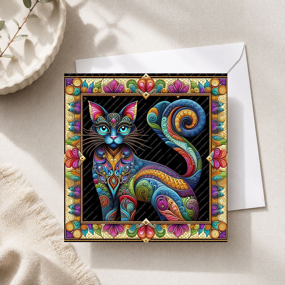 Thumbnail: 20 Vibrant Cat Magic Quilt-Inspired 6x6 Art Note Cards w/ Envelopes