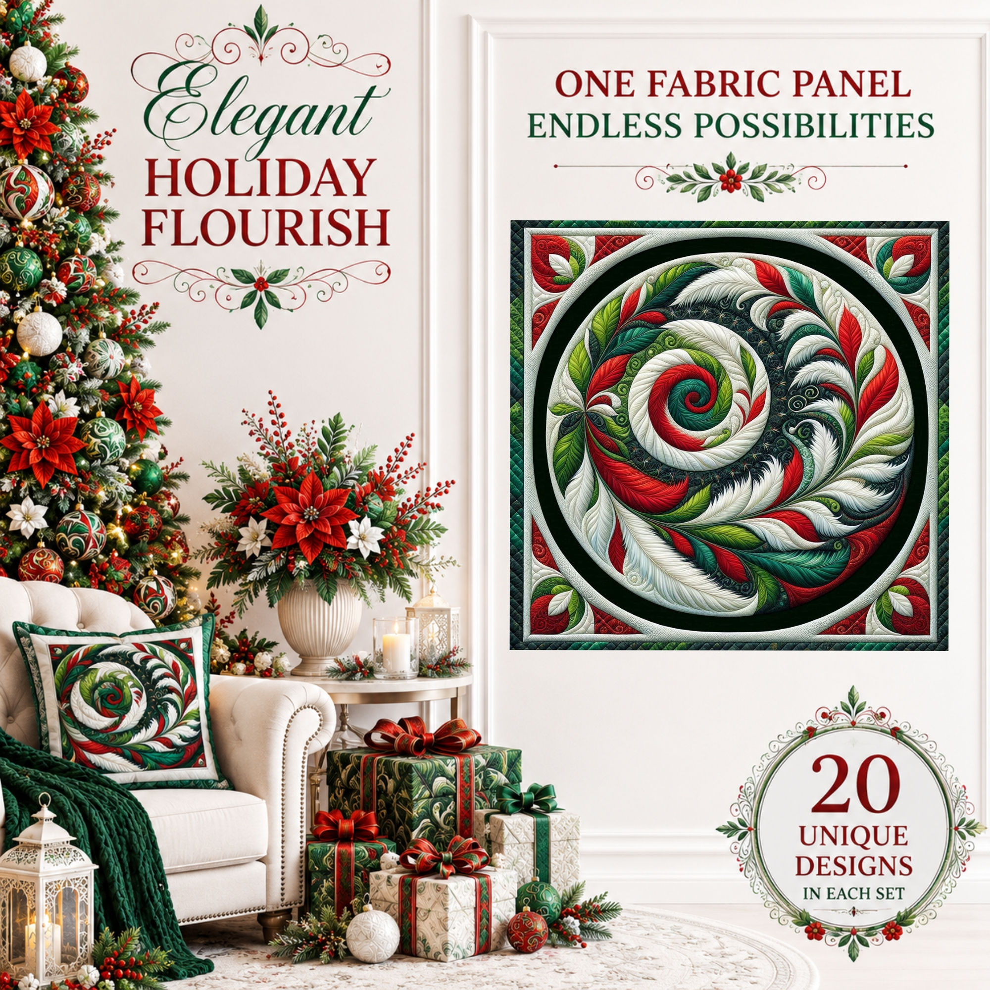 Elegant Holiday Flourish 20-Piece Fabric Panel Set