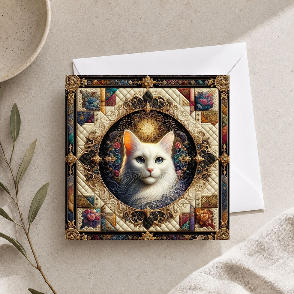 Thumbnail: 20 Majestic Cats of Opulence Quilt-Inspired 6x6 Art Note Cards w/ Envelopes