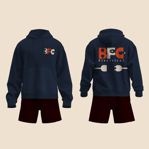 BFC Electrical branded hoodie design showing the new logo applied to team uniform apparel.