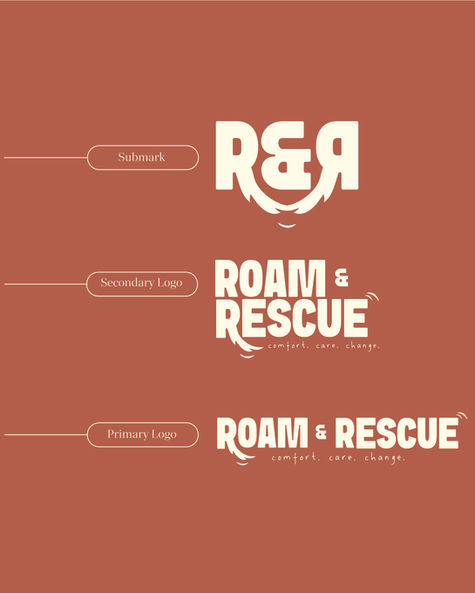 Roam & Rescue logo suite showing the primary logo, secondary logo, and icon variations.