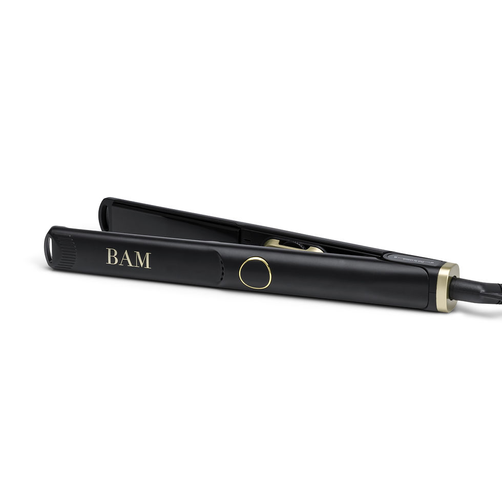Thumbnail: BAM Hair Straightener and box, professional hair styling tool with text blowout blow dry styling hair