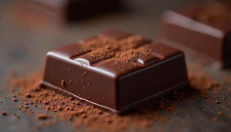 Close-up view of a piece of Belgian dark chocolate with a rich texture