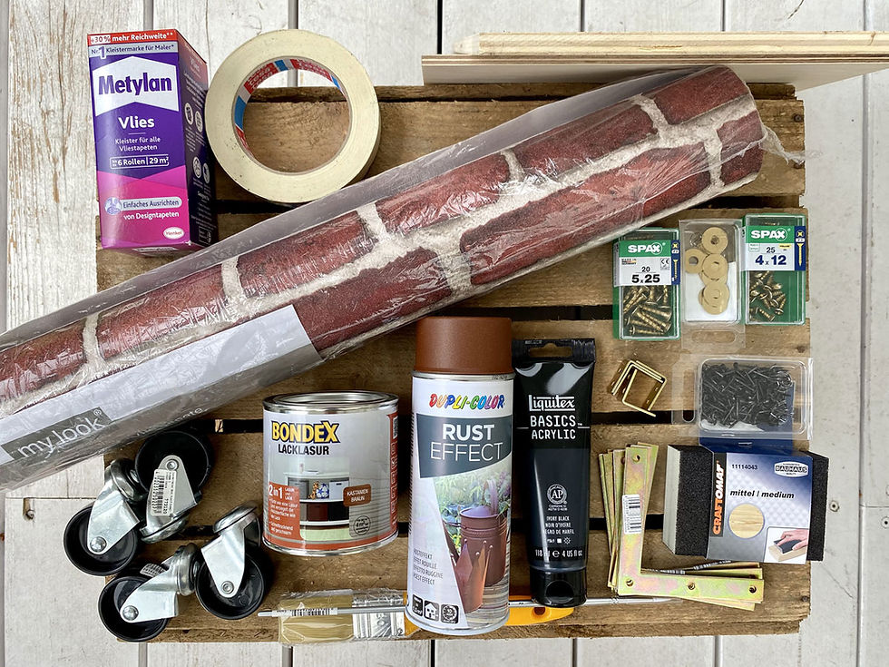 Material für DIY Beistelltisch aus Obstkiste