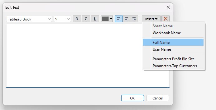 Insert Full Name option in a Tableau text box