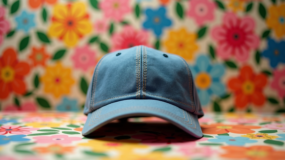 Eye-level view of a stylish dad cap resting on a colorful floral backdrop