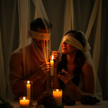 a couple using sheer fabric, blindfolded in candlelight while feeding grapes.jpg