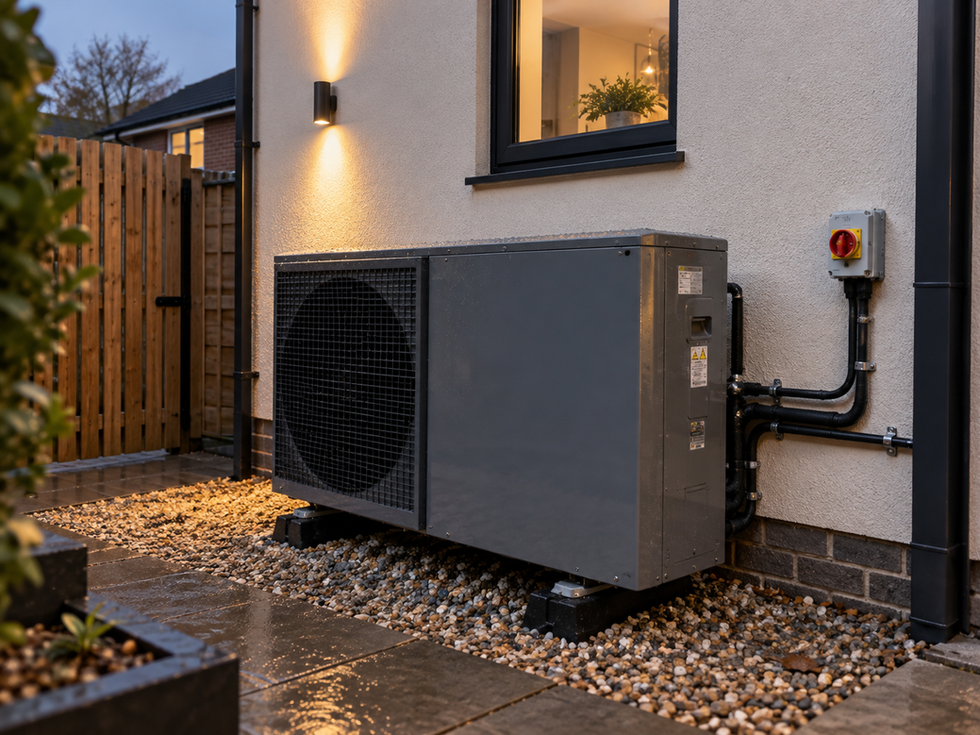 Air source heat pump installed outside a home in Oldham