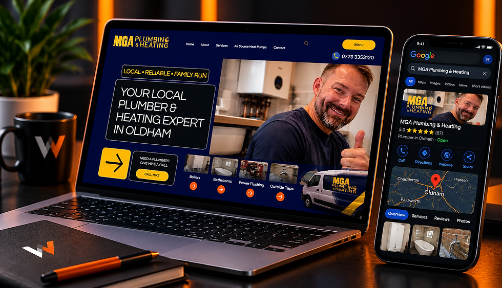 MGA Plumbing & Heating website and Google Business Profile displayed on a laptop and mobil