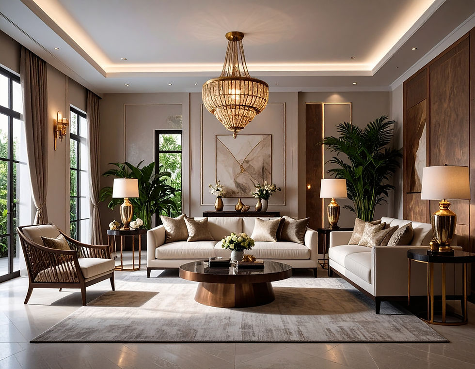 Layered lighting setup with floor lamps, wall sconces, and ceiling fixtures