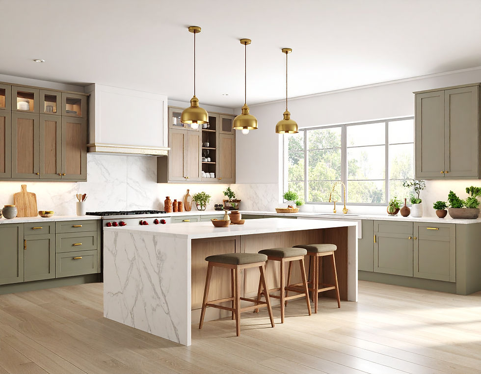Contemporary Indian kitchen with warm evening lighting, featuring a minimalist island and brass pendant task lights above, designed with muted green cabinets and natural textures.