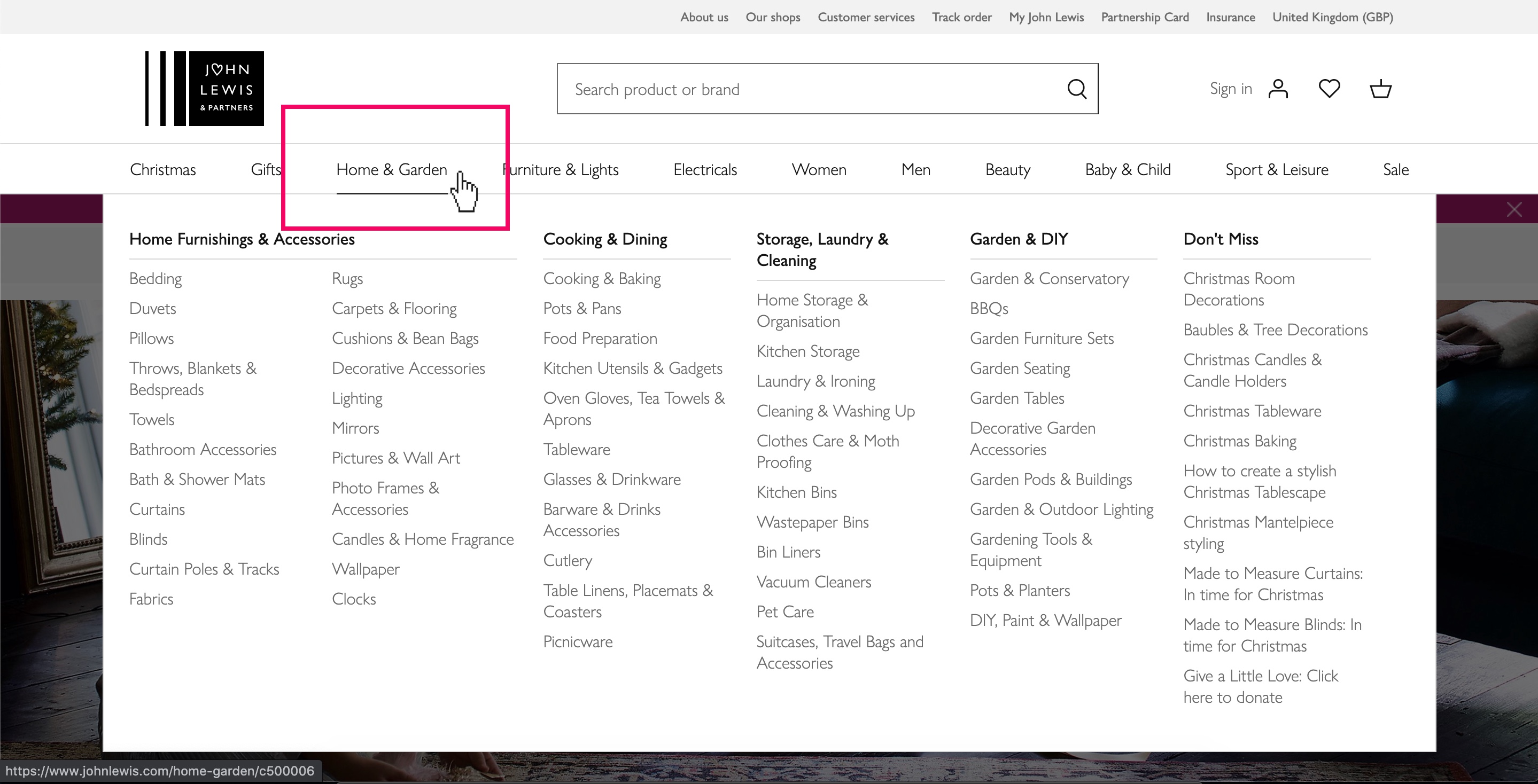 Figure 2: Image of John Lewis Website menu