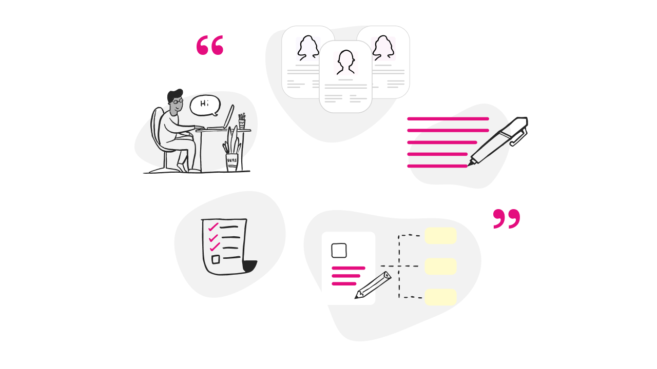 Content design sketch representing different types of research. Doodles show a person speaking into a laptop, a pen writing on a page, a checklist and more