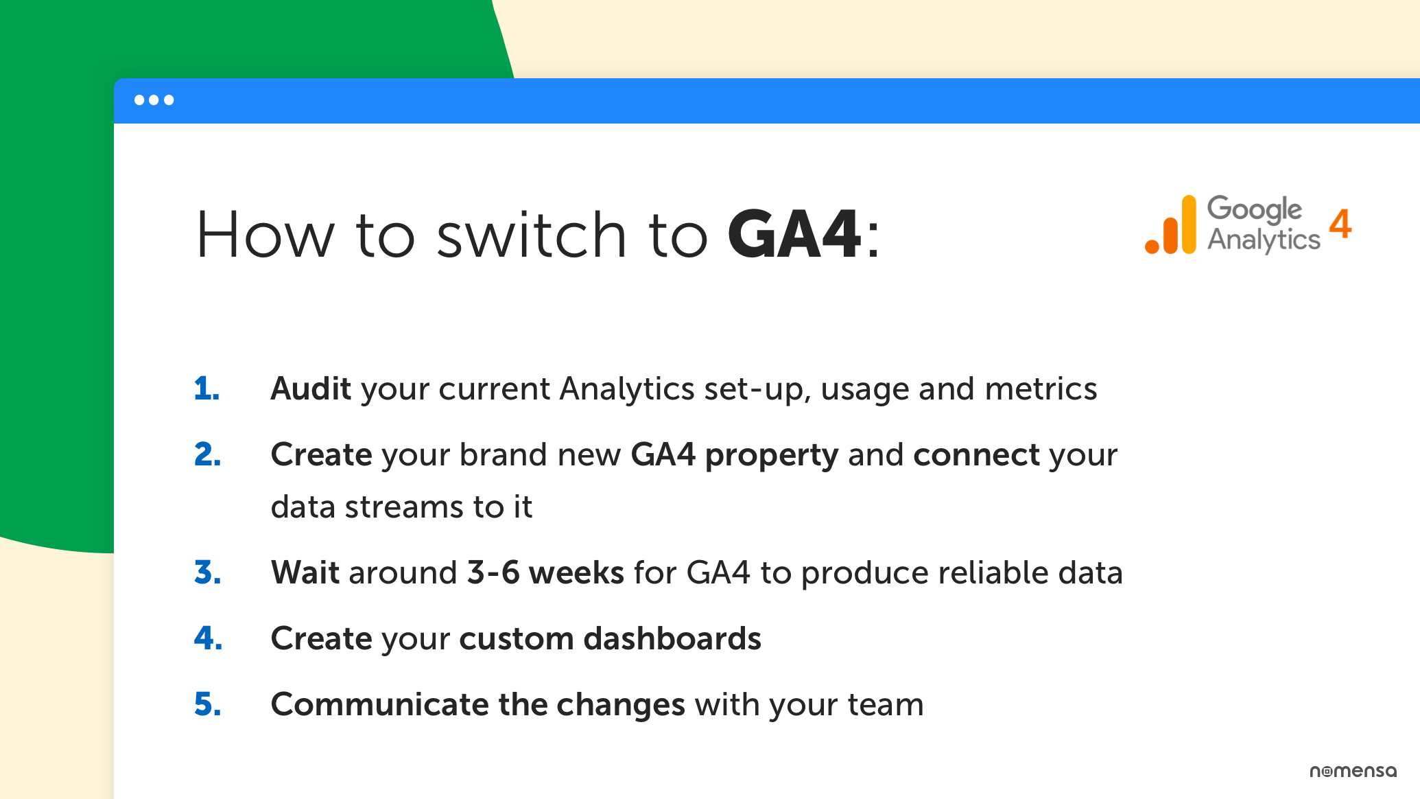 'How to switch to GA4' infographic. Points described in copy