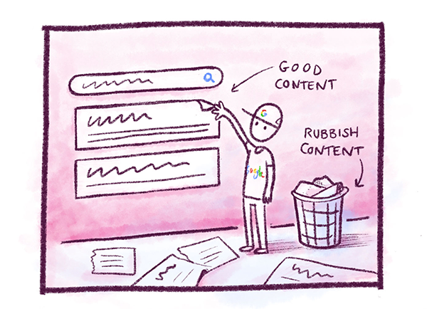 Illustration showing Google ranking good content and discarding bad content