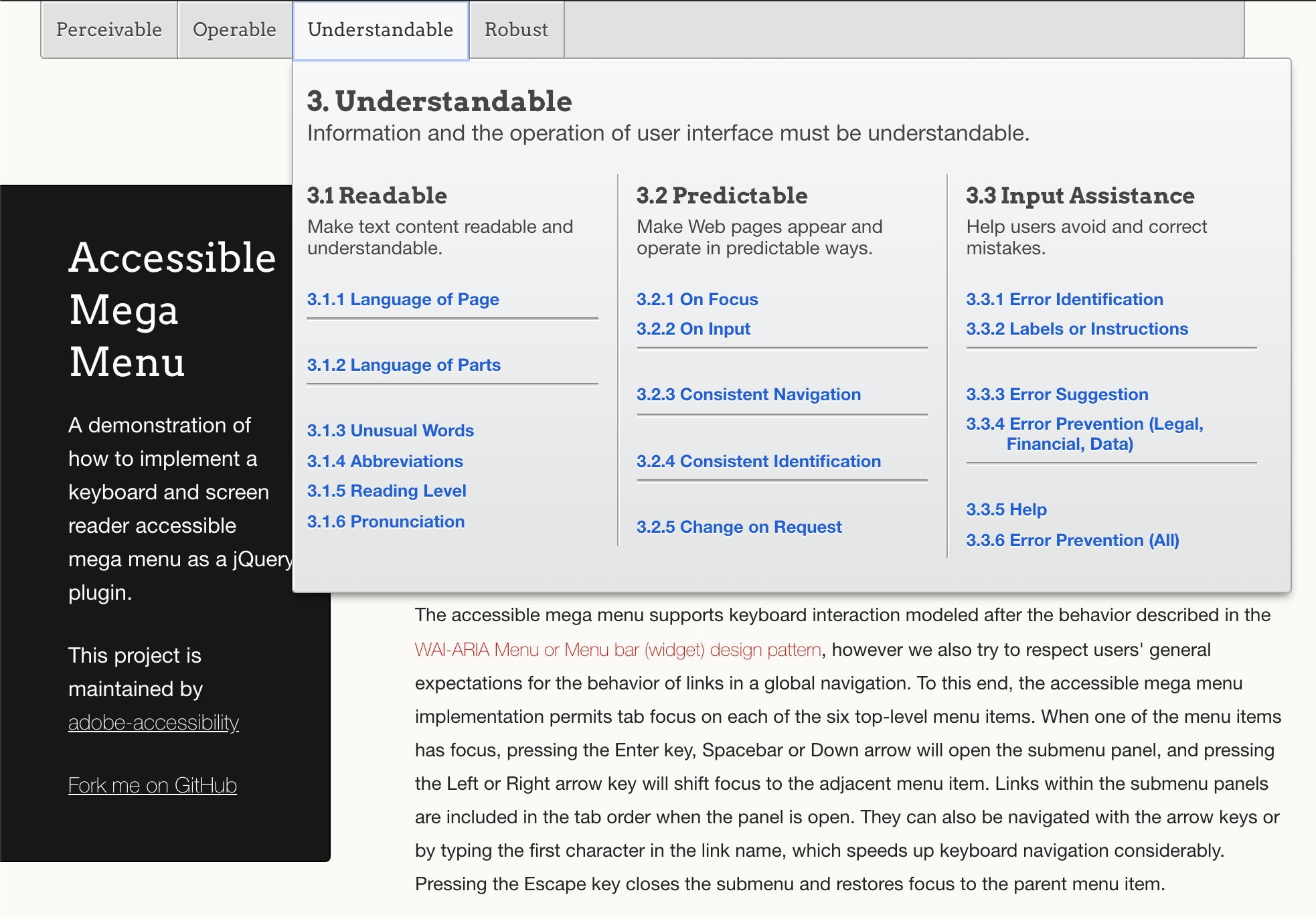 Figure 3: The Adobe accessible mega-menu.