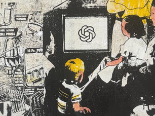 Sam Altman watches over a family consuming his AI. The living room vignette is framed by power tool imagery. The words “Behaviour Power” are the top of the artwork, framing the intent of the piece.