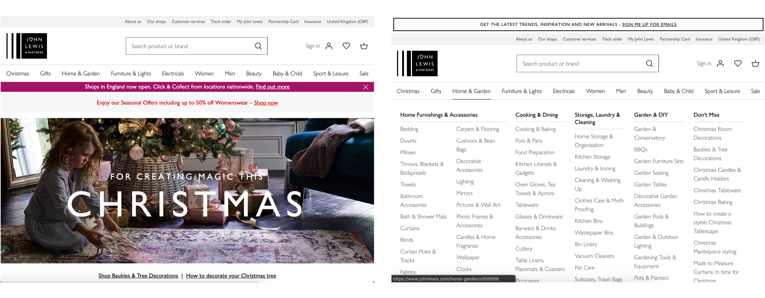 Figure 1: The John Lewis website, in default view and with the mega menu showing.
