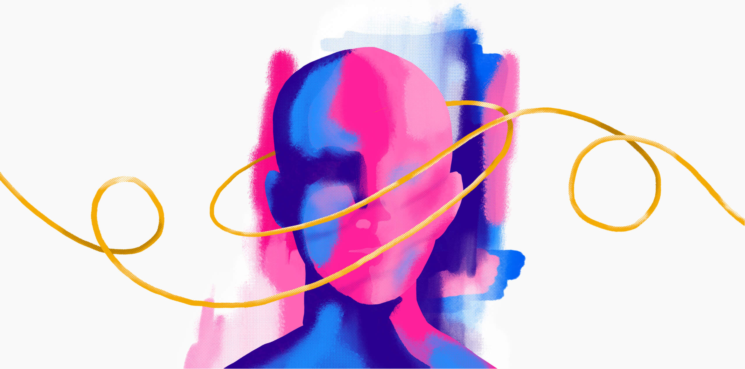 Abstract illustration showing a person's head in pink and blue tones, with a 'Golden Thread' running through the middle - description in article