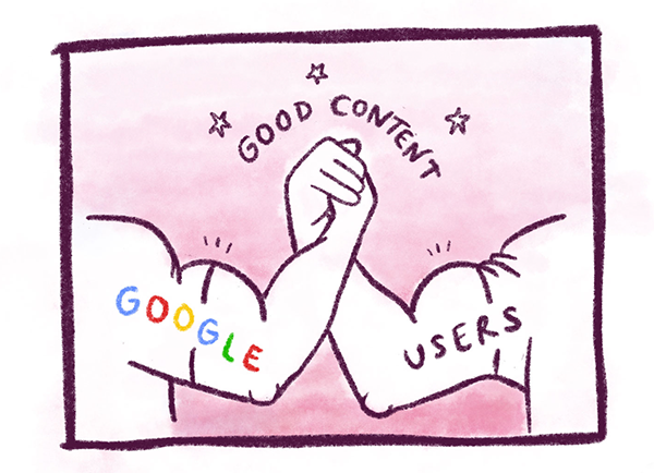 Illustration showing Google and users agreeing on what makes good content
