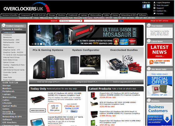 Screenshot of overclockers.co.uk, with duplicate navigation systems and more banners than you can shake a stick at.
