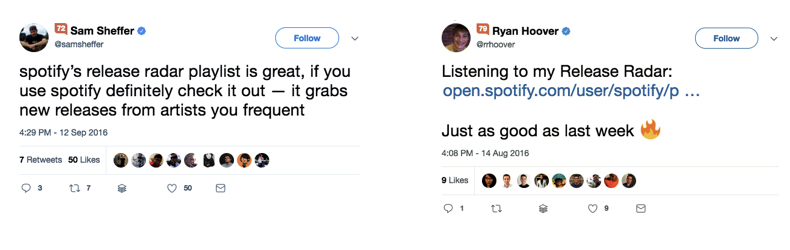 Two tweets discussing Spotify.