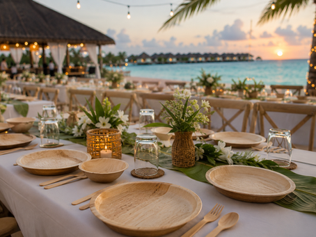Areca leaf plates set up for a resort event in the Maldives 