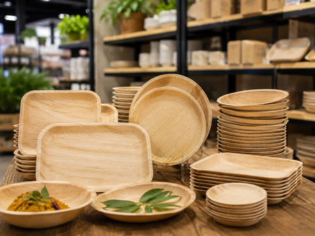Premium palm leaf plates and bowls displayed on a retail store table with eco-friendly disposable tableware collection.