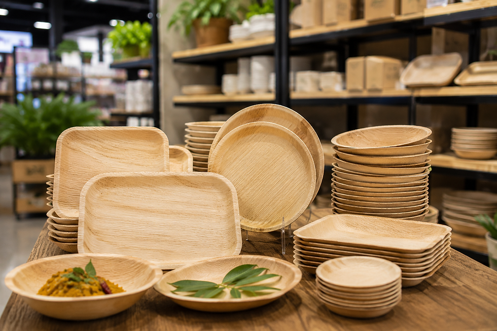Premium palm leaf plates and bowls displayed on a retail store table with eco-friendly disposable tableware collection.
