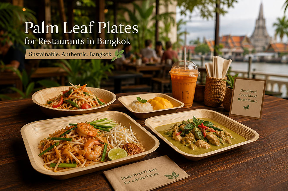 Palm leaf plates serving authentic Thai cuisine in a modern restaurant in Bangkok.