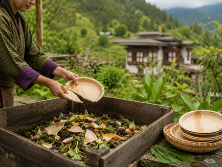 Used areca leaf plates placed in a home compost bin in Bhutan 