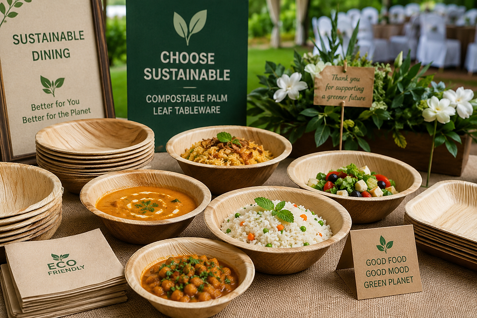 Compostable palm leaf bowls used for serving food at a sustainable event in Bangalore