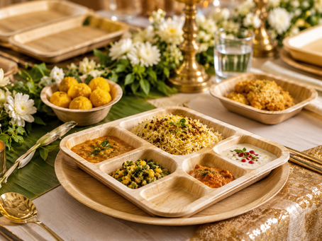 Compostable palm leaf plates used for catering services at a corporate event in Singapore.