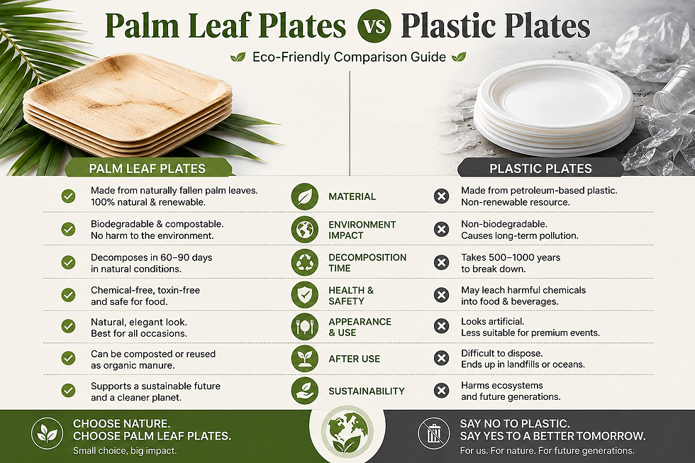 Infographic comparing biodegradable palm leaf plates with plastic plates, highlighting sustainability, compostability, and environmental impact.