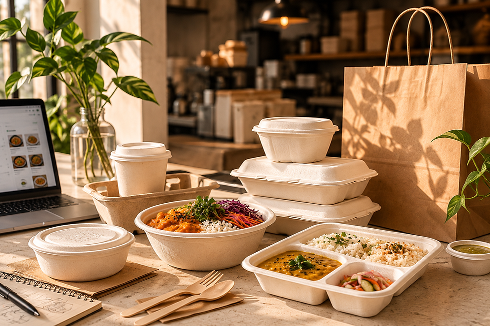 Bagasse plates used for takeaway packaging at a Bangalore cloud kitchen