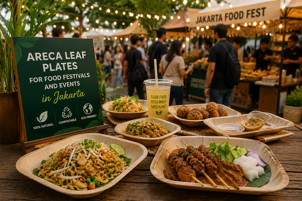 Eco-friendly areca leaf plates serving Indonesian cuisine at a food festival in Jakarta.