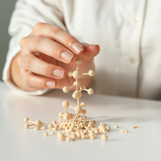 female hand carefully stacking soft-beige molecules onto a white table.jpg