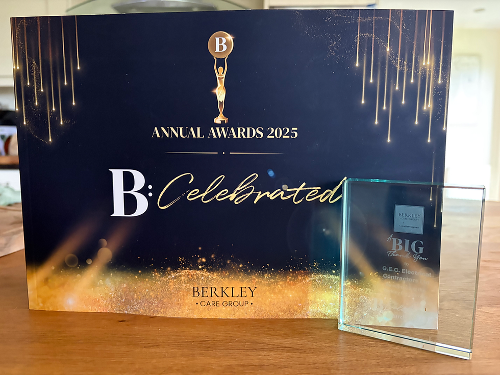 Berkley Care Group B:Celebrated award brochure with glass award given to sponsor GEC Electrical Contractors Ltd