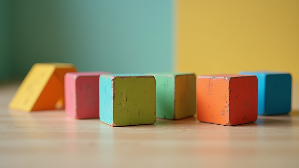 Eye-level view of colourful wooden blocks arranged for play
