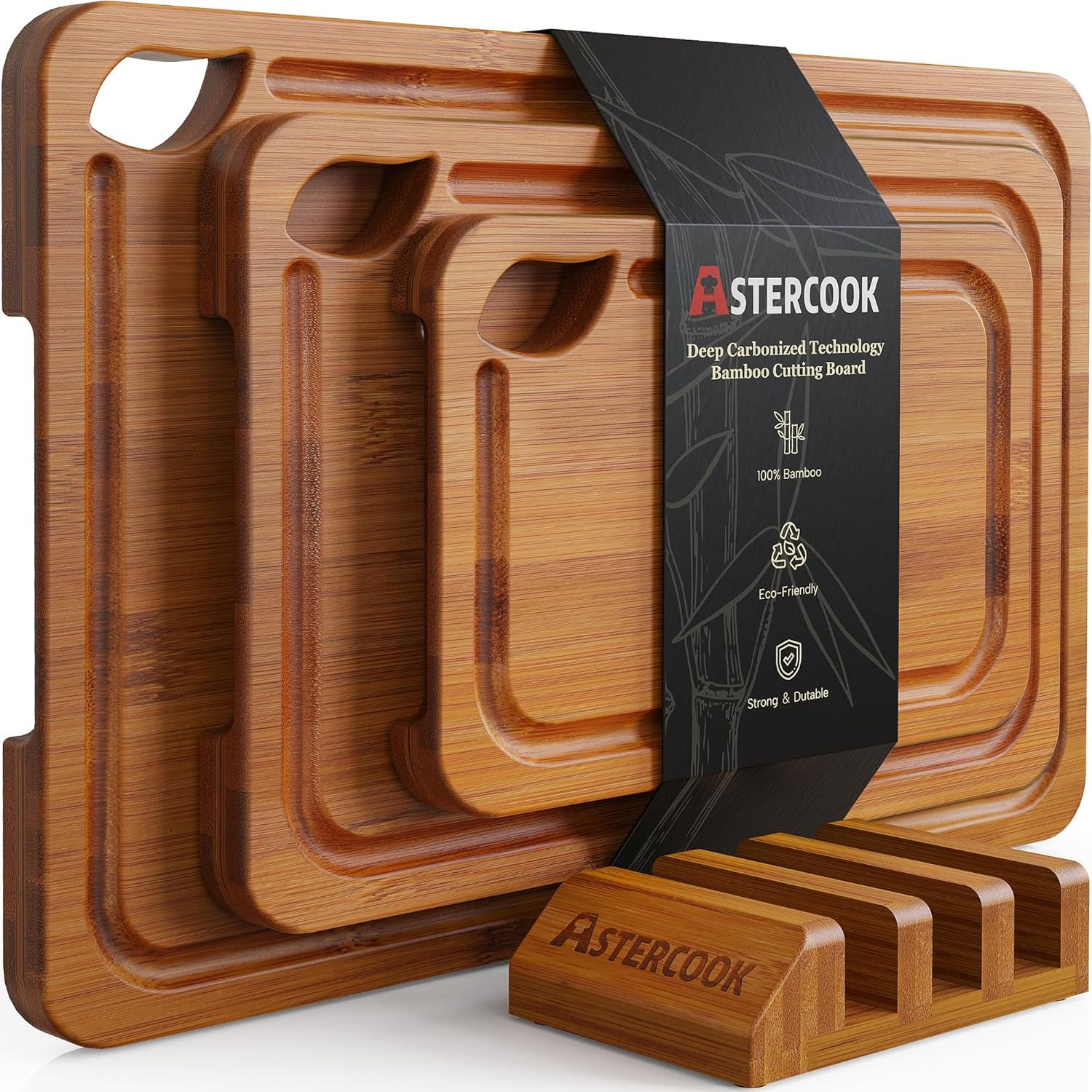 Astercook Deep-Carbonized Bamboo Cutting Boards for Kitchen with Wood Storage St